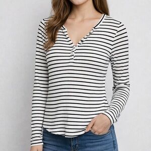White House Black Market Striped Ribbed Women’s L Henley Top